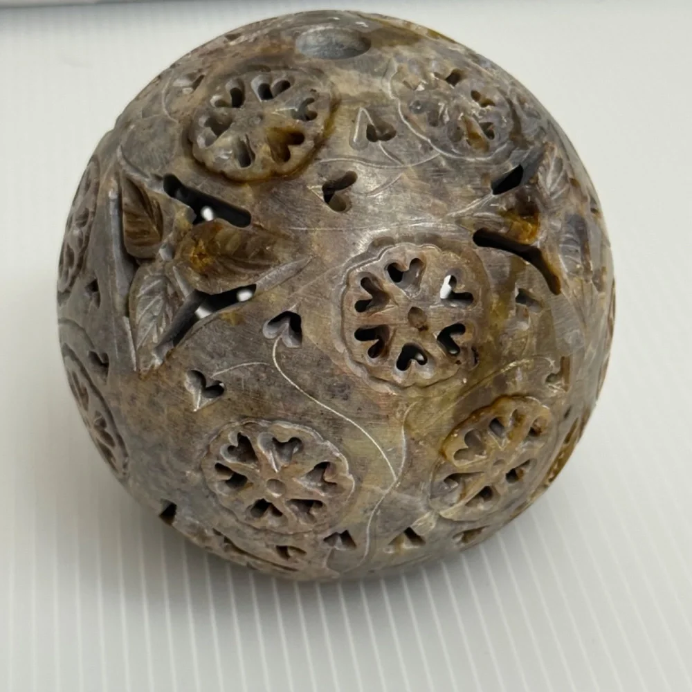 Hand Carved Soap Stone Tea light/Incense holder Orb/Sphere‎ with Base Tribal